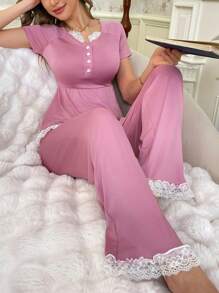 2pcs Set Women V-Neck Lace Sleepwear Set - Multicolor - View 2