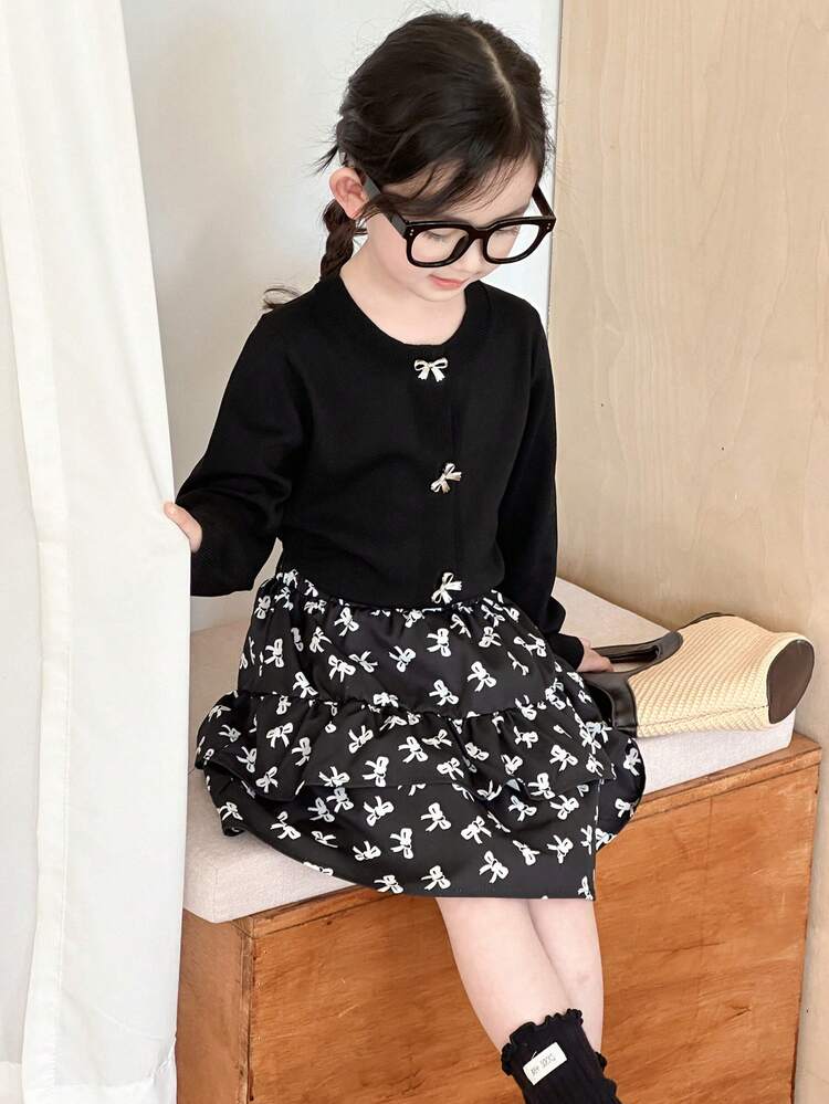 Young Girl Bow Decor Long Sleeve Top And Mini Skirt, Casual Set