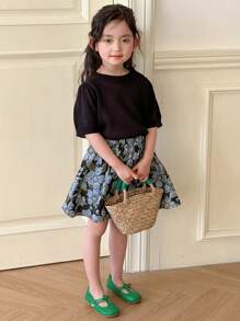 DAZY Set de 2 piezas con blusa de cuello redondo de manga corta y minifalda lisa para niñas, conjunto de ropa de verano para niñas - Negro - Ver 4