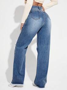 SHEIN EZwear 女士夏季破洞阔腿牛仔裤 - 中等水洗藍 - 查看 2
