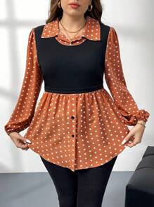 SHEIN LUNE Plus Size Women's Polka Dot Print Long Sleeve Shirt Fall Women Holiday Business Casual Woman Going Out Tops