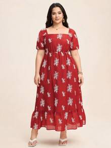 SHEIN LUNE Plus Size Women Floral Print Square Collar Short Sleeve Elegant Dress Red And White,Summer,Boho,Vacation,Holiday Sun Dress Birthday Gown Work Clothing - Red - View 5