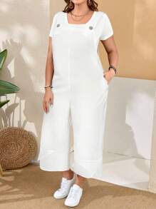 EMERY ROSE Plus Size Women's Black Overalls With Adjustable Straps, Button Closure And Pockets On Split Legs Country Spring Outfits For Women Summer Outfits For Women Boho Women Clothing - White - View 5