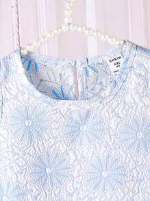 Abito a slip senza maniche con fiore grande in tessuto jacquard blu ramadan, con sacchetto abbinato, stile principessa elegante per giovani donne - Blu - Visualizzare 4