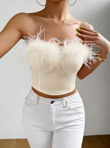 Zolique Women's Solid Color Furry Patchwork Cropped Top, Fitted And Fashionable - Apricot - View 6