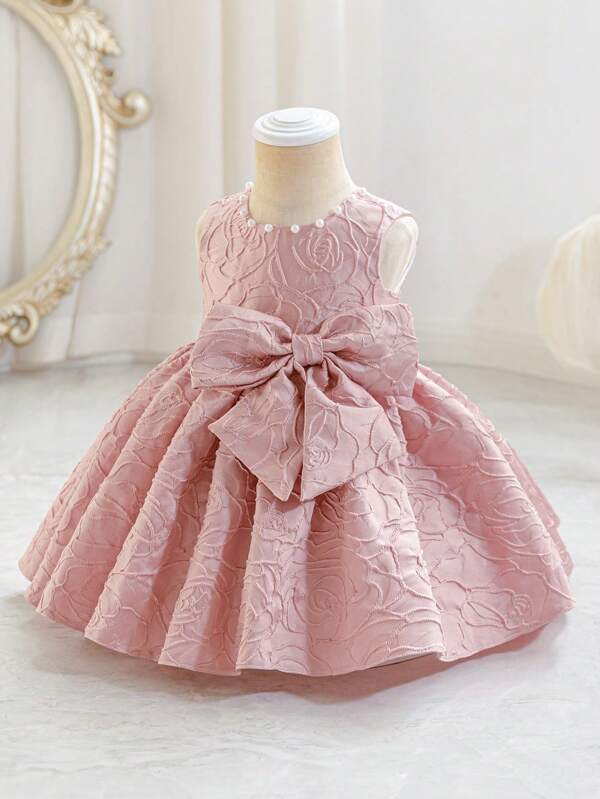 SHEIN Glamorique Kids Baby Girl Jacquard Dress With Rose Flower & Bow, Sleeveless Baby Girl Party Dress, Baby Wedding/Birthday Outfit