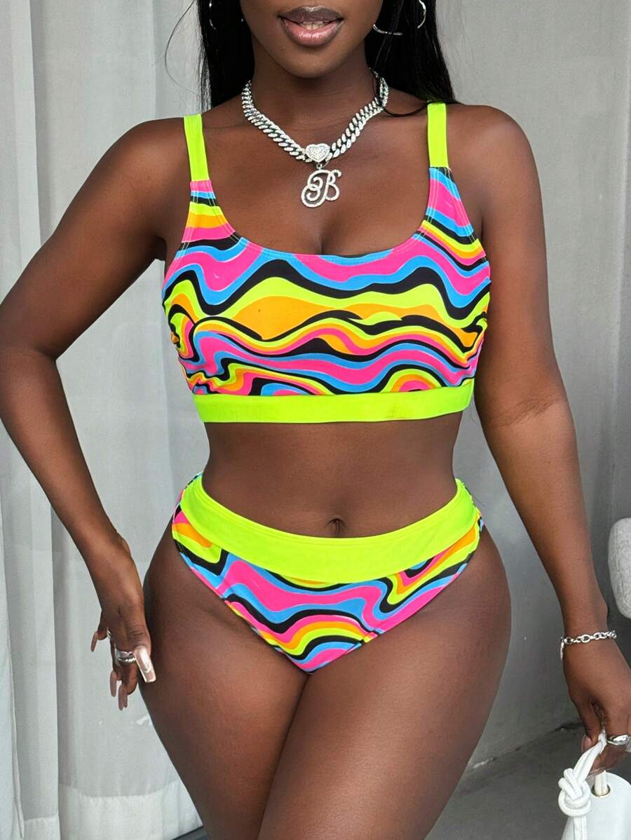 SHEIN Slayr 2pcs/Set Striped Multi-Color Strapless Sexy Bikini Set Women Swimwear, Summer Beach Vacation - Multicolor - View 1