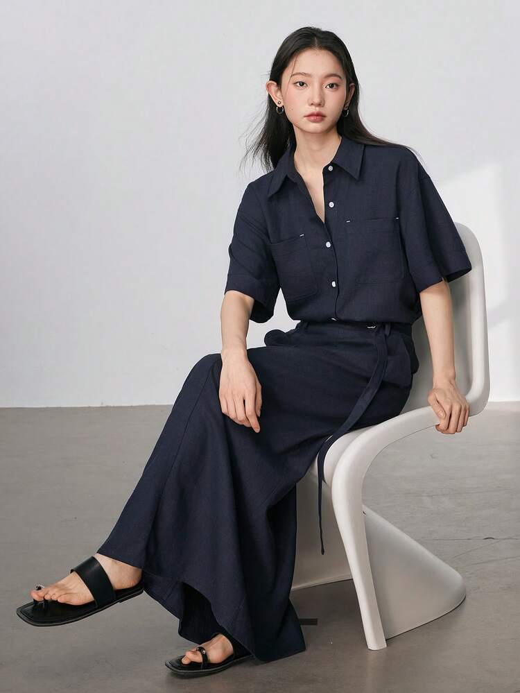 Casual Loose Minimalist Short Sleeve Solid Color Women Blazer Set Linen Business Attire