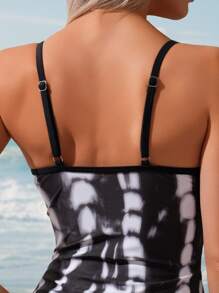 Swim Lushoire 2pcs Springbreak Minimalist Sexy Criss-Cross Ruched Print Long Tankini Top & Side Ruched Drawstring Swim Shorts Set For Summer Beach Vacation - Multicolor - View 5