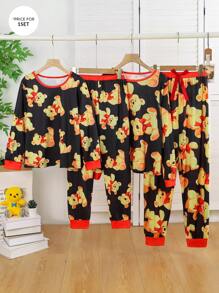 Tween Girl Bear Print Long Sleeve Round Neck Casual Top And Pants Pajama Set, For Christmas
