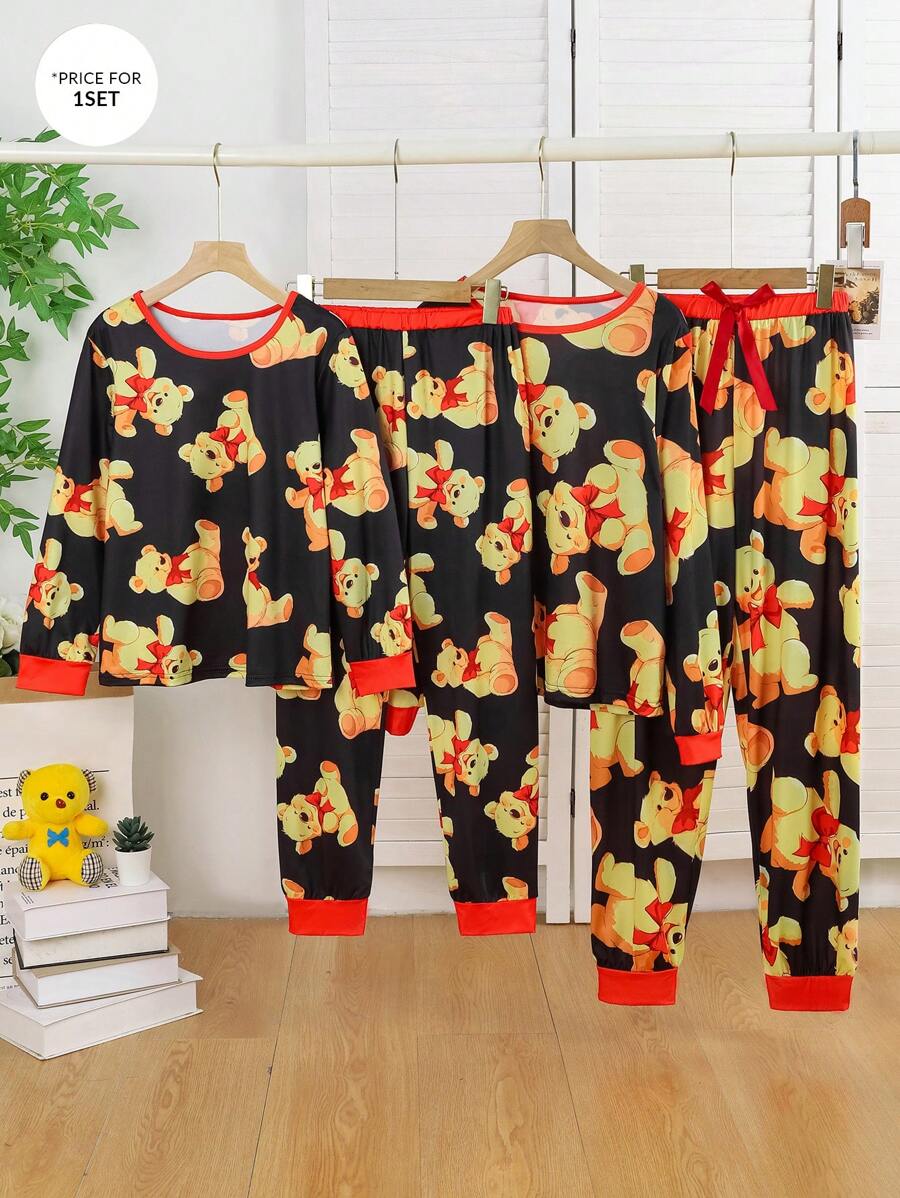 Tween Girl Bear Print Long Sleeve Round Neck Casual Top And Pants Pajama Set, For Christmas