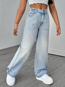 Sparklyn Tween Girls' Loose Fit Wide Leg Light Blue Denim Jeans With Pockets, Versatile For Everyday Wear, All Season