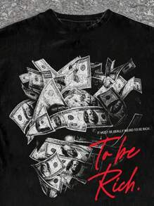 SHEIN Bolty Tween Boys' Casual Minimalist "To Be Rich" Skull & Dollar Bill Graphic Hiphop Print Round Neck Short Sleeve T-Shirt, Suitable For Summer - Black - View 4