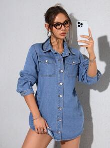 SHEIN PETITE 1 件女士牛仔休闲连衣裙，长袖，简约风格，适合日常穿着 - 藍色 - 查看 4