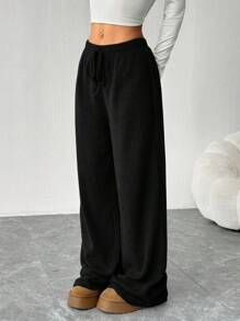 SHEIN EZwear 女式新款罗纹纯色前系带休闲宽松长裤 - 黑色 - 查看 4