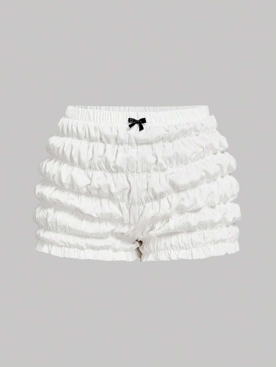 SHEIN MOD 加大码番茄女孩可爱蝴蝶结褶皱女式迷你短裤 - 白色 - 查看 1