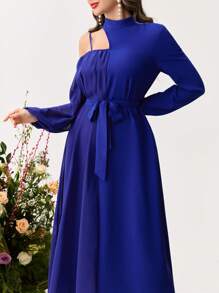 Modelyn Women's Solid Color Stand Collar Long Sleeve Front Tie Simple Casual Dress