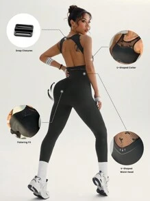 Slayoga Flickwerk Schleife Dekor Mesh ärmelloser rückenfreier Haken Verschluss Sport Jumpsuit