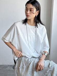 FRIFUL Women's Solid Color Casual Round Neck Loose Batwing Sleeve Blouse