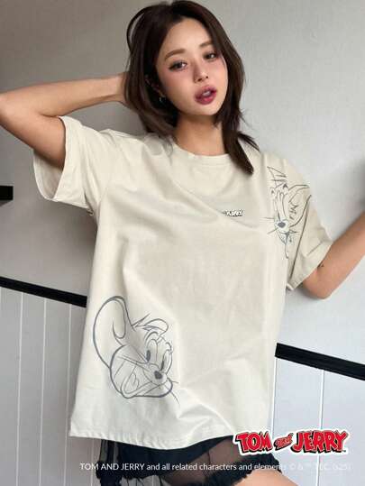 TOM AND JERRY X DAZY 休闲宽松圆领卡通印花短袖T恤女款图案T恤，教师装