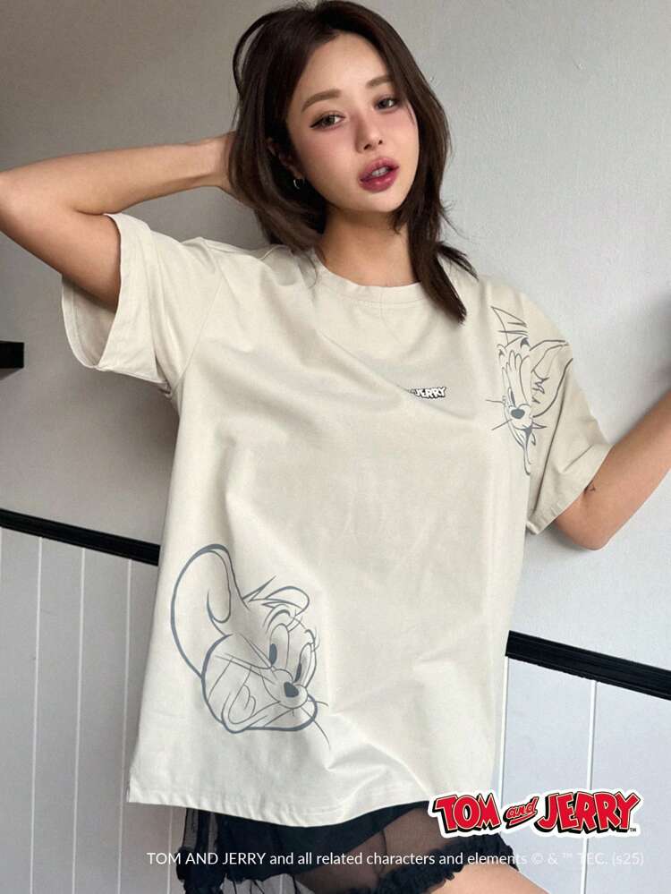 TOM AND JERRY X DAZY Casual Loose Round Neck Cartoon Print Short Sleeve T-Shirt For Women Graphic Tee, Teacher