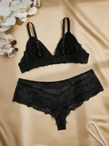 Charlaine French Style Lightweight Wireless Triangle Cup Lingerie Bra Set - Black - View 4