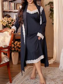 Côtesoire Plus Size Women's Lace Patchwork Elegant Long Sleeve Casual Robe & Cami Dress, Fall Clothes, Cozy Outfit