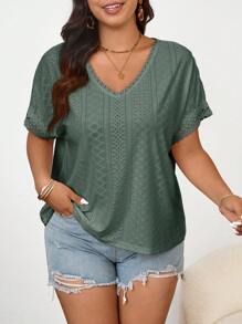 SHEIN Frenchy Plus Size Women Textured V-Neck Lace Trim T-Shirt, Casual Wear For Spring/Summer