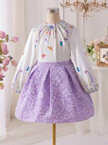 SHEIN Tween Girls Fashionable Jacquard Puff Sleeve Top Paired With Jacquard Mini Skirt, Suitable For Spring/Summer Casual, Party, Gathering To Showcase Tween Girl's Innocent, Stylish And Elegant Elegant