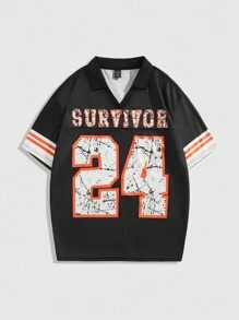 ROMWE MEN Prep 男士纯色拼布短袖印花休闲 Polo 衫 - 黑色 - 查看 1