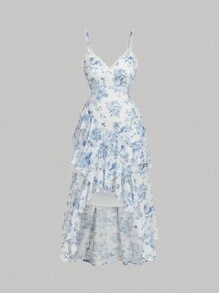 SHEIN MOD Plus Size Summer Blue & White Floral Sleeveless Midi Dress With Asymmetric Ruffle Hem, Elegant Dress - Blue and White - View 1