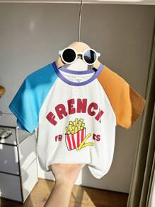 SHEIN 1pc Young Boys Casual Korean Style Loose Raglan Sleeve Colorblock Round Neck Short Sleeve Tee, Cute Fry Print, Comfy Jersey Knit, Suitable For Spring/Summer, School, Home, Daily, Sport, Birthday Party, Vacation, Versatile & Minimalist