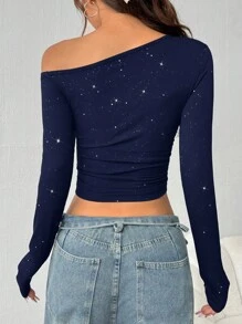 SHEIN EZwear Navy Blue Women Knitted Oblique Shoulder Ruched Long Sleeve T-Shirt