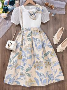 SHEIN 2pcs Tween Girls Bow Decor Bubble Short Sleeve Tee & Embroidered Pleated Skirt Spring/Summer Outfit Set - Multicolor - View 4