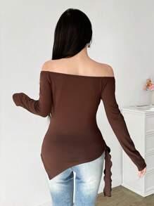 Modelyn 3D Floral Decor Off Shoulder Long Sleeve Slim Fit T-Shirt - Brown - View 2