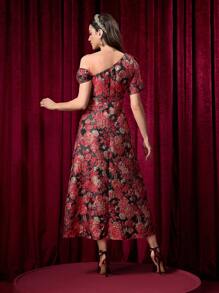 Modelyn Vestido de manga larga con decoración de flores 3D, hombro asimétrico y hilos dorados jacquard elegante para mujer