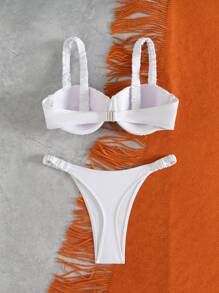 Swim Mod Women's Romantic Vacation Elegant Cute White Ruffled Removable Strap Padded Bikini Swimwear Set, For Summer Beach - White - View 2