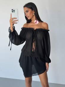 Aloruh Women's Spring And Summer Sexy Romantic Holiday Music Festival Ruffle Neckline One-Shoulder Straps Hollow Loose And Elegant Chiffon Pleated Asymmetric Hem Black Mini Dress