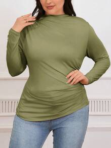 SHEIN Frenchy Plus Size Mock Neck Ruched Slim Fit Tee