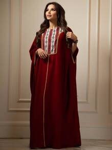 Al Najma Women's National Flower Patchwork Shoulder Sleeve Kaftan & Traditional Long Dress, Modest - Burgundy - View 1