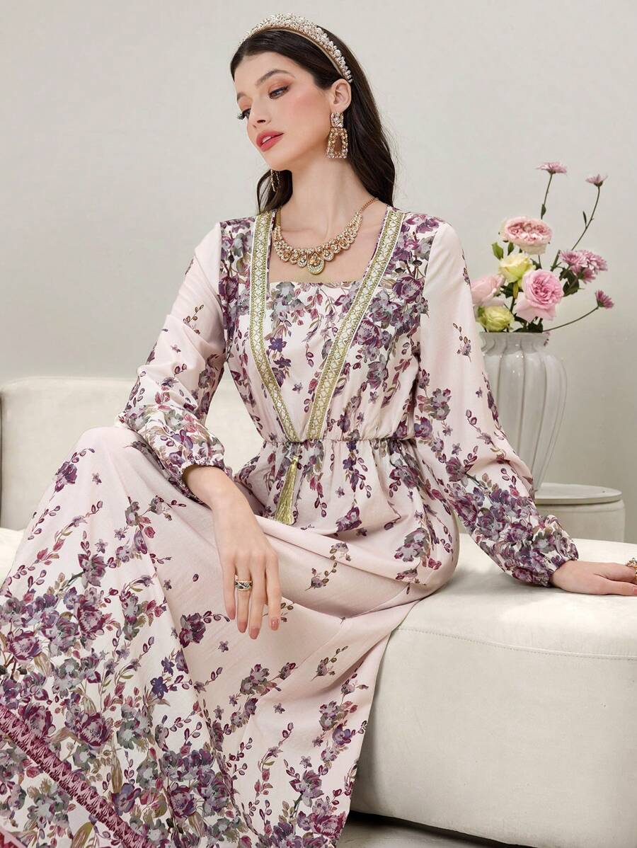 Al Najma Váy dài tay họa tiết hoa tương phản theo phong cách Ả Rập dành cho nữ - Nhiều màu - Xem 1