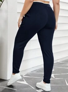 SHEIN Essnce 大码女式口袋直筒休闲裤，百搭 - 藏蓝色 - 查看 2