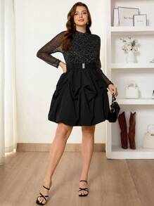 SHEIN Frenchy Women's Plus Size Sparkling Mesh Long Sleeve Ruffle Wrap Dress - Black - View 5