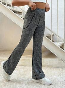 SHEIN Quần ống loe eo chữ thập ôm vừa vặn thoải mái cho bé gái tuổi mới lớn - Màu xám đen - Xem 4