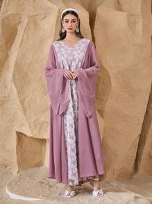 Al Najma 女士 V 领亮片刺绣喇叭袖宽松朴素浪漫优雅土耳其和阿拉伯传统长裙、卡夫坦和贾拉比亚 - 粉色 - 查看 7