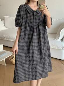 DAZY 女士可爱格子荷叶边领泡泡袖睡袍，休闲睡衣