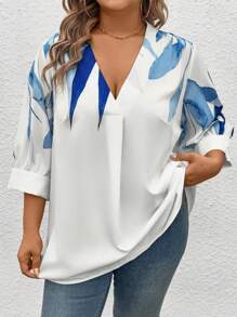 SHEIN CURVE+ Fashionable V-Neck Short Sleeve Printed Blouse - Multicolor - View 6