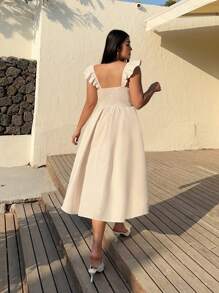 Sunnyshic Plus Size Women Elegant Cream Woven Bodycon Camisole Dress With Short Cap Sleeves, Tie Neck, Midi Length - Apricot - View 2