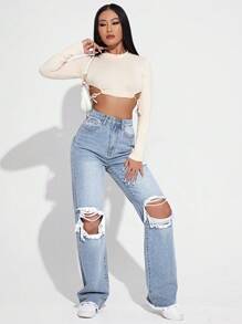 SHEIN EZwear Women's SummerRipped Cutout Wide Leg Jeans