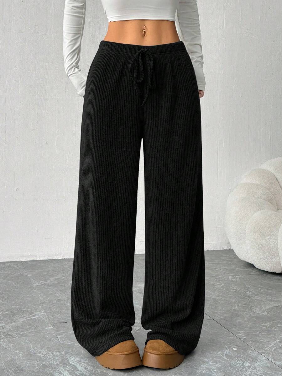 SHEIN EZwear 女式新款罗纹纯色前系带休闲宽松长裤 - 黑色 - 查看 1